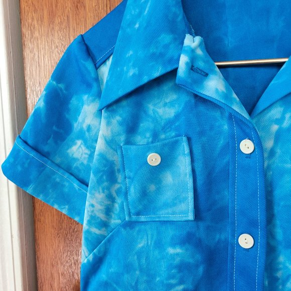 Vintage 70s Blue Tie Dye Polyester Pant Suit - Picture 8 of 11